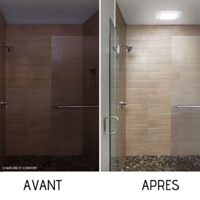 Avant et après la rénovation de la douche : éclairage amélioré avec un nouveau plafonnier.